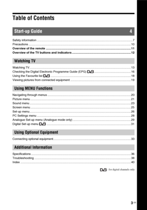 Page 3
3 GB
Table of Contents
Safety information ..................................................................................................................... 7
Precautions .................................................................................................................... ......... 10
Overview of the remote ........................................................................................................ 1 1
Overview of the TV buttons and indicators...