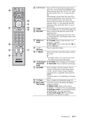 Page 1111 GB
4F/f/G/g/Press F/f/G/g to move the on-screen cursor. 
Press   to select/confirm the highlighted item.
When playing a photo file: Press F/G to select 
the previous file. Press f/g to select the next 
file.
When playing a music/video file: Press   to 
pause/start the playback. Press and hold G/g to 
fast forward/fast reverse, then release the 
button at the point where you want to resume 
playback. Press F to start playback from the 
beginning of the current file. Press f to go to 
the next file....