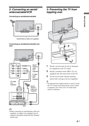 Page 55 GB
Start-up Guide
2: Connecting an aerial/
antenna/cable/VCR
Connecting an aerial/antenna/cable
Connecting an aerial/antenna/cable and 
VCR
~
 When connecting an aerial/antenna cable (not 
supplied), an adaptor (not supplied) may be 
required (Australian model and New Zealand 
model only).
3: Preventing the TV from 
toppling over
1Install a wood screw (4 mm in diameter, 
not supplied) in the TV stand.
2Install a machine screw (M4 × 20, not 
supplied) into the screw hole of the TV.
3Tie the wood screw...