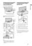 Page 55 GB
Start-up Guide
2: Connecting an aerial/
antenna/cable/VCR
Connecting an aerial/antenna/cable
Connecting an aerial/antenna/cable and 
VCR
~
 When connecting an aerial/antenna cable (not 
supplied), an adaptor (not supplied) may be 
required (Australian model and New Zealand 
model only).
3: Preventing the TV from 
toppling over
1Install a wood screw (4 mm in diameter, 
not supplied) in the TV stand.
2Install a machine screw (M4 × 20, not 
supplied) into the screw hole of the TV.
3Tie the wood screw...