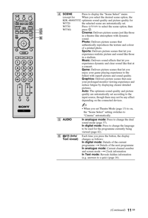 Page 1111 GB
C:\Documents and Settings\Dolors\Mis documentos\€9\EX2L_CORREC 
PARAL\11_UK_EX2L(OVR.fmmasterpage:Left
KDL-52/46/40/37/32V5500
x-xxx-xxx-xx(x) 4SCENE
(except for
KDL-46/40/37/32
W5720
W5730
W5740)
Press to display the “Scene Select” menu.
When you select the desired scene option, the 
optimum sound quality and picture quality for 
the selected scene are automatically set.
Press F/f/G/g to select the scene option, then 
press .
Cinema: Delivers picture scenes just like those 
in a theatre-like...