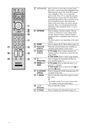 Page 12C:\Documents and Settings\Dolors\Mis documentos\€9\EX2L_CORREC 
PARAL\11_UK_EX2L(OVR.fmmasterpage:Left
12 GB
KDL-52/46/40/37/32V5500
x-xxx-xxx-xx(x) 7
F/f/G/g/Press F/f/G/g to move the on-screen cursor. 
Press   to select/confirm the highlighted item.
When playing a photo file: Press   to pause/
start a slideshow. Press F/G to select the 
previous file. Press f/g to select the next file.
When playing a music/video file: Press   to 
pause/start the playback. Press and hold G/g to 
fast forward/fast...