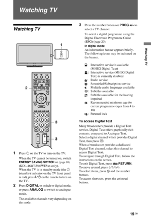 Page 1515 GB
C:\Documents and Settings\Dolors\Mis documentos\€9\EX2L_CORREC 
PARAL\11_UK_EX2L\0WAT.fmmasterpage:Left
KDL-52/46/40/37/32V5500
x-xxx-xxx-xx(x)
Watching TV
Watching TV
Watching TV
1Press 1 on the TV to turn on the TV.
When the TV cannot be turned on, switch 
ENERGY SAVING SWITCH on (page 10) 
(KDL-46WE5/40WE5xx only).
When the TV is in standby mode (the 1 
(standby) indicator on the TV front panel 
is red), press "/1 on the remote to turn on 
the TV.
2Press DIGITAL to switch to digital mode,...