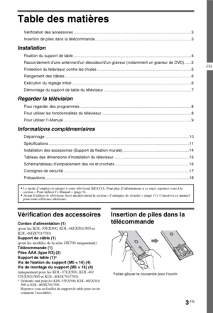 Page 33FR
FR
Table des matières
Vérification des accessoires .......................................................................................................... 3
Insertion de piles dans la télécommande....................................................................................... 3
Installation
Fixation du support de table........................................................................................................... 4
Raccordement d’une antenne/d’un décodeur/d’un graveur (notamment...