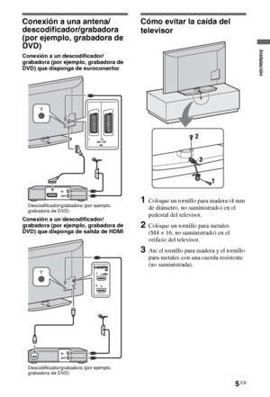 Page 235ES
Conexión a una antena/
descodificador/grabadora 
(por ejemplo, grabadora de 
DVD)
Conexión a un descodificador/
grabadora (por ejemplo, grabadora de 
DVD) que disponga de euroconector
Conexión a un descodificador/
grabadora (por ejemplo, grabadora de 
DVD) que disponga de salida de HDMI
Cómo evitar la caída del 
televisor
1Coloque un tornillo para madera (4 mm 
de diámetro, no suministrado) en el 
pedestal del televisor.
2Coloque un tornillo para metales 
(M4 × 16, no suministrado) en el 
orificio...