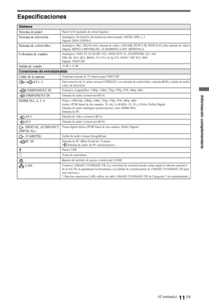 Page 2911ES
Especificaciones
Sistema
Sistema de panel
Panel LCD (pantalla de cristal líquido)
Sistema de televisiónAnalógico: En función del país/zona seleccionado: B/G/H, D/K, L, I
Digital: DVB-T/DVB-C
Sistema de color/vídeoAnalógico: PAL, PAL60 (sólo entrada de vídeo), SECAM, NTSC3.58, NTSC4.43 (sólo entrada de vídeo)
Digital: MPEG-2 MP@ML/HL, H.264/MPEG-4 AVC MP/HP@L4
Cobertura de canalesAnalógico: VHF: E2–E12/UHF: E21–E69/CATV: S1–S20/HYPER: S21–S41
D/K: R1–R12, R21–R69/L: F2–F10, B–Q, F21–F69/I: UHF...