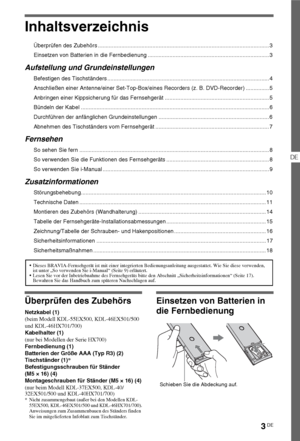 Page 773DE
DE
Inhaltsverzeichnis
Überprüfen des Zubehörs .............................................................................................................. 3
Einsetzen von Batterien in die Fernbedienung .............................................................................. 3
Aufstellung und Grundeinstellungen
Befestigen des Tischständers ........................................................................................................ 4
Anschließen einer Antenne/einer Set-Top-Box/eines...