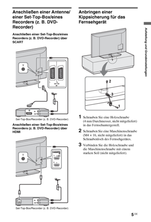 Page 795DE
Anschließen einer Antenne/
einer Set-Top-Box/eines 
Recorders (z. B. DVD-
Recorder)
Anschließen einer Set-Top-Box/eines 
Recorders (z. B. DVD-Recorder) über 
SCART
Anschließen einer Set-Top-Box/eines 
Recorders (z. B. DVD-Recorder) über 
HDMI
Anbringen einer 
Kippsicherung für das 
Fernsehgerät
1Schrauben Sie eine Holzschraube 
(4 mm Durchmesser, nicht mitgeliefert) 
in das Fernsehuntergestell.
2Schrauben Sie eine Maschinenschraube 
(M4 × 16, nicht mitgeliefert) in das 
Schraubenloch des...