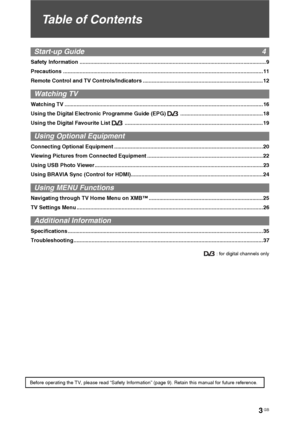 Page 33 GB
Table of Contents
Start-up Guide  4
Safety Information ............................................................................................................................ 9
Precautions ..................................................................................................................................... 11
Remote Control and TV Controls/Indicators ................................................................................ 12
Watching TV
Watching TV...