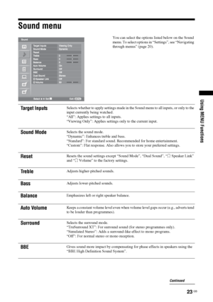 Page 23
23 GB
Using MENU Functions
Sound menu
You can select the options listed below on the Sound 
menu. To select options in “Settings”, see “Navigating 
through menus” (page 20).
Target InputsSelects whether to apply settings made in the Sound menu to all inputs, or only to the 
input currently being watched.
“All”: Applies settings to all inputs.
“Viewing Only”: Applies settings only to the current input.
Sound ModeSelects the sound mode.
“Dynamic”: Enhances treble and bass.
“Standard”: For standard sound....