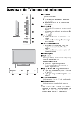 Page 1414 GB
Overview of the TV buttons and indicators
11 – Power
Turns the TV on or off.
~
 To disconnect the TV completely, pull the plug 
from the mains.
 When you turn on the TV, the power indicator 
lights in green.
2CH +/–/ /
 In TV mode: Selects the next (+) or previous (-) 
channel.
 In TV menu: Moves through the options up ( ) 
or down ( ).
32 +/–//
 In TV mode: Increases (+) or decreases (-) the 
volume.
 In TV menu: Moves through the options right 
( ) or left ( ).
4/  – Input select / OK
 In TV...