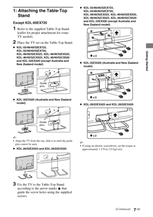 Page 77GB
D:\Cmengs JOB\SONY TV\SY0388_V2 (Rev-6)\4268265161_GB\GB03STU.fm
KDL-EX723/EX720/EX523/EX520/EX423/EX420/CX523/CX520
4-268-265-16(1)
Getting Started
1: Attaching the Table-Top 
Stand
Except KDL-60EX720
1Refer to the supplied Table-Top Stand 
leaflet for proper attachment for some 
TV models.
2Place the TV set on the Table-Top Stand.
BKDL-55/46/40/32EX723, 
KDL-55/46/40/32EX720, 
KDL-46/40/32EX523, KDL-46/40/32EX520, 
KDL-46/40/32CX523, KDL-46/40/32CX520  
and KDL-32EX420 (except Australia and 
New...