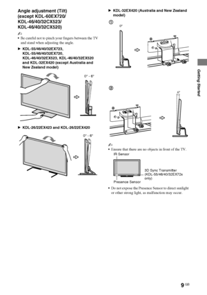 Page 99GB
D:\Cmengs JOB\SONY TV\SY0388_V2 (Rev-6)\4268265161_GB\GB03STU.fm
KDL-EX723/EX720/EX523/EX520/EX423/EX420/CX523/CX520
4-268-265-16(1)
Getting Started
Angle adjustment (Tilt)
(except KDL-60EX720/
KDL-46/40/32CX523/
KDL-46/40/32CX520)
~
Be careful not to pinch your fingers between the TV 
and stand when adjusting the angle.
BKDL-55/46/40/32EX723, 
KDL-55/46/40/32EX720, 
KDL-46/40/32EX523, KDL-46/40/32EX520  
and KDL-32EX420 (except Australia and 
New Zealand model)
BKDL-26/22EX423 and...