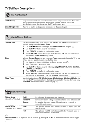 Page 30F:\Worker\SONY WAX3 D-series EN 131\3212313131\060USE.fmmasterpage:Left
30
KDL-32XBR4/KDL-40D3000
TV Settings Descriptions
Product Support
Contact SonySony contact information is available from this screen for your convenience. Your TV’s 
specific information such as Model Name, Serial Number, Software Version and 
downloadable ratings if available from the TV are displayed here.
Signal DiagnosticsPress   to display the diagnostics information for the current signal.
Clock/Timers Settings
Current...