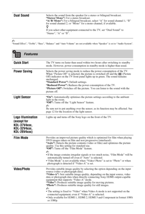 Page 2424 GB
~“Sound Effect”, “Treble”, “Bass”, “Balance” and “Auto Volume” are not available when “Speaker” is set to “Audio System”.
 
Dual SoundSelects the sound from the speaker for a stereo or bilingual broadcast.
“Stereo/ Mono”: For a stereo broadcast.
“A/ B/ Mono”: For a bilingual broadcast, select “A” for sound channel 1, “B” 
for sound channel 2, or “Mono” for a mono channel, if available.
z 
If you select other equipment connected to the TV, set “Dual Sound” to 
“Stereo”, “A” or “B”.
Features
Quick...