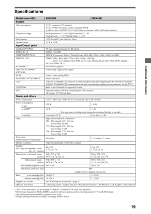 Page 1919
Additional Information
Specifications
*1 For LAN connections, use a Category 7 10BASE-T/100BASE-TX cable (not supplied).
*2 Download Acquisition Mode (DAM) is used for software updates and/or collecting data for TV Guide On Screen.
 Optional accessories availability depends on its stock.
 Design and specifications are subject to change without notice.
Model name KDL-40EX40B32EX40B
System
Television system NTSC: American TV standard 
ATSC (8VSB terrestrial): ATSC compliant 8VSB
QAM on cable: ANSI/SCTE...