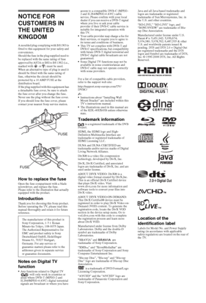 Page 22GB
NOTICE FOR 
CUSTOMERS IN 
THE UNITED 
KINGDOM
A moulded plug complying with BS1363 is 
fitted to this equipment for your safety and 
convenience.
Should the fuse in the plug supplied need to 
be replaced with the same rating of fuse 
approved by ASTA or BSI to BS 1362 (i.e., 
marked with   or  ) must be used.
When an alternative type of plug is used it 
should be fitted with the same rating of 
fuse, otherwise the circuit should be 
protected by a 10 AMP FUSE at the 
distribution board.
If the plug...