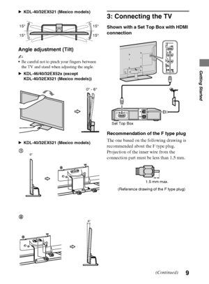 Page 99
D:\Cmengs JOB\SONY TV\SY0279_W1 (Rev-1)\4267385121_US\US03STU.fm
KDL-EX523/EX521/EX520
4-267-385-12(1)
Getting Started
BKDL-40/32EX521 (Mexico models)
Angle adjustment (Tilt)
~
Be careful not to pinch your fingers between 
the TV and stand when adjusting the angle.
BKDL-46/40/32EX52x (except 
KDL-40/32EX521 (Mexico models))
BKDL-40/32EX521 (Mexico models)
3: Connecting the TV
Shown with a Set Top Box with HDMI 
connection
Recommendation of the F type plug
The one based on the following drawing is...