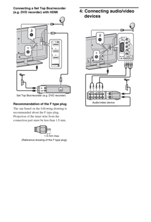 Page 1212GB
Connecting a Set Top Box/recorder 
(e.g. DVD recorder) with HDMI
Recommendation of the F type plug
The one based on the following drawing is 
recommended about the F type plug. 
Projection of the inner wire from the 
connection part must be less than 1.5 mm.
4: Connecting audio/video 
devices
Set Top Box/recorder (e.g. DVD recorder)
1.5 mm max.
(Reference drawing of the F type plug)
Audio/video device
 