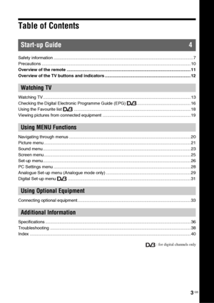 Page 33 GB
Table of ContentsSafety information ..................................................................................................................... 7
Precautions ............................................................................................................................. 10
Overview of the remote ........................................................................................................ 11
Overview of the TV buttons and indicators...