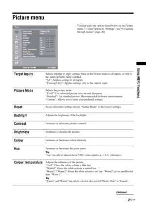 Page 2121
 GB
Using MENU Functions
Picture menu
You can select the options listed below on the Picture 
menu. To select options in “Settings”, see “Navigating 
through menus” (page 20).
Target Inputs
Selects whether to apply settings made in the Picture menu to all inputs, or only to 
the input currently being watched.
“All”: Applies settings to all inputs.
“Viewing Only”: Applies settings only to the current input.
Picture Mode
Selects the picture mode.
“Vivid”: For enhanced picture contrast and sharpness....