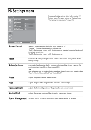 Page 2828
 GBPC Settings menu
You can select the options listed below on the PC 
Settings menu. To select options in “Settings”, see 
“Navigating through menus” (page 20).
Screen Format
Selects a screen mode for displaying input from your PC.
“Normal”: Displays the picture in its original size.
“Full1”: Enlarges the picture to fill the display area, keeping its original horizontal-
to-vertical aspect ratio.
“Full2”: Enlarges the picture to fill the display area.
Reset
Resets the PC settings except “Screen...