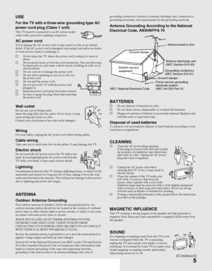 Page 55
USE
For the TV with a three-wire grounding type AC 
power cord plug (Class 1 unit)
This TV must be connected to an AC power socket 
outlet with a protective earthing connection.
AC power cordIf you damage the AC power cord, it may result in a fire or an electric 
shock. If the AC power cord is damaged, stop using it and ask your dealer 
or Sony service center to exchange it.
sDo not place the TV where the power cord is subject to wear or 
abuse.
sDo not pinch, bend, or twist the cord excessively. The...