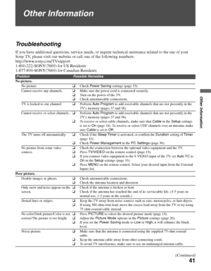 Page 4141
Other Information
Other Information
Troubleshooting
If you have additional questions, service needs, or require technical assistance related to the use of your 
Sony TV, please visit our website or call one of the following numbers:
http://www.sony.com/TVsupport
1-800-222-SONY(7669) for US Residents
1-877-899-SONY(7669) for Canadian Residents
ProblemPossible Remedies
No picture.
No picture.
❑Check Power Saving settings (page 33).
Cannot receive any channels.
❑Make sure the power cord is connected...