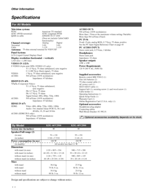 Page 44Other Information
44
Television system:
Panel System:
LCD (Liquid Crystal Display) PanelDisplay resolution (horizontal × vertical):1,920 dots × 1,080 linesVIDEO IN 1/2/3:S VIDEO (4-pin mini DIN) (VIDEO 1/2 only):
Y: 1.0 Vp-p, 75 ohms unbalanced, sync negative
C: 0.286 Vp-p (Burst signal), 75 ohms
VIDEO: 1 Vp-p, 75 ohms unbalanced, sync negative
AUDIO: 500 mVrms (100% modulation) 
Impedance: 47 kilohms
HD/DVD IN 4/5:YPBPR (Component Video):
Y: 1.0 Vp-p, 75 ohms unbalanced, 
sync negative
P
B: 0.7 Vp-p, 75...