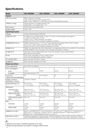 Page 4444 Specifications
~
 Optional accessories availability depends on its stock.
 Design and specifications are subject to change without notice.
ModelKDL-26S3000KDL-32S3000KDL-40S3000KDL-46S3000
System
Television system
NTSC: American TV standard 
ATSC (8VSB terrestrial): ATSC compliant 8VSB
QAM on cable: ANSI/SCTE 07 2000 (Does not include CableCARD functionality)
Channel coverageAnalog terrestrial: 2-69 / Digital terrestrial: 2-69
Analog Cable: 1-125 / Digital Cable: 1-135
Panel systemLCD (Liquid Crystal...