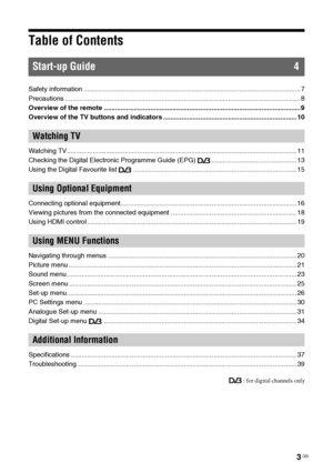 Page 33 GB
Table of Contents
Safety information ..................................................................................................................... 7
Precautions ............................................................................................................................... 8
Overview of the remote ..........................................................................................................9
Overview of the TV buttons and indicators...