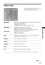 Page 2121 GB
Using MENU Functions
Picture menu
You can select the options listed below on the 
“Picture” menu. To select options in “Settings”, refer 
to “Navigating through menus” (page 20).
Target InputsSelects whether to apply settings made in the “Picture” menu to all inputs, or only to 
the input currently being watched.
“All”: Applies settings to all inputs.
“Viewing Only”: Applies settings only to the current input.
Picture ModeSelects the picture mode except for PC input source.
“Vivid”: For enhanced...