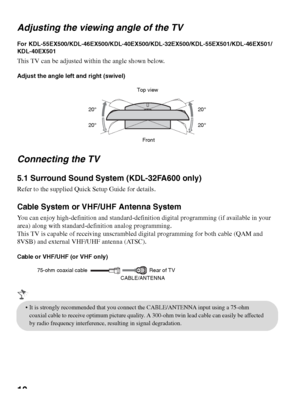 Page 1010 Adjusting the viewing angle of the TV
For KDL-55EX500/KDL-46EX500/KDL-40EX500/KDL-32EX500/KDL-55EX501/KDL-46EX501/
KDL-40EX501
This TV can be adjusted within the angle shown below.
Adjust the angle left and right (swivel)
Connecting the TV
5.1 Surround Sound System (KDL-32FA600 only)
Refer to the supplied Quick Setup Guide for details.
Cable System or VHF/UHF Antenna System
You can enjoy high-definition and standard-definition digital programming (if available in your 
area) along with...