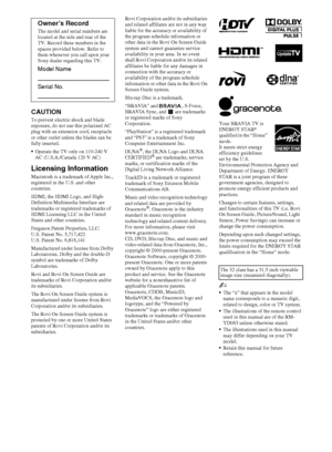 Page 22
D:\Cmengs JOB\SONY TV\SY0260_W1\4267385111_US\US02REG.fm
KDL-EX523/EX521/EX520
4-267-385-11(1) CAUTION
To prevent electric shock and blade 
exposure, do not use this polarized AC 
plug with an extension cord, receptacle 
or other outlet unless the blades can be 
fully inserted. 
•Operate the TV only on 110-240 V 
AC (U.S.A./Canada 120 V AC)
Licensing Information
Macintosh is a trademark of Apple Inc., 
registered in the U.S. and other 
countries. 
HDMI, the HDMI Logo, and High-
Definition Multimedia...