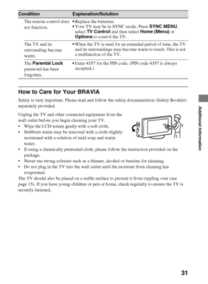 Page 3131
D:\Cmengs JOB\SONY TV\SY0311_W9 (Rev-1)\4275462121_US\US06OPT.fm
KDL-EX729/EX723/EX720/EX621/EX620/HX729
4-275-462-12(1)
Additional Information
How to Care for Your BRAVIA
Safety is very important. Please read and follow the safety documentation (Safety Booklet) 
separately provided.
Unplug the TV and other connected equipment from the 
wall outlet before you begin cleaning your TV.
 Wipe the LCD screen gently with a soft cloth.
 Stubborn stains may be removed with a cloth slightly 
moistened with a...