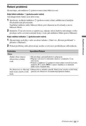 Page 5111CZ
Doplňkové informace
Doplňkové informace
Řešení problémů
Zkontrolujte, zda indikátor 1 (pohotovostní režim) bliká červeně.
Když bliká indikátor 1 (pohotovostní režim)
Autodiagnostické funkce jsou aktivovány. 
1Spočítejte, kolikrát indikátor 1 (pohotovostní režim) zabliká mezi každým 
třísekundovým přerušením.
Například, indikátor může bliknout třikrát, poté zhasnout na tři sekundy a znovu 
bliknout třikrát.
2Stiskněte 1 na televizoru a vypněte jej, odpojte síťový kabel a informujte svého 
prodejce...