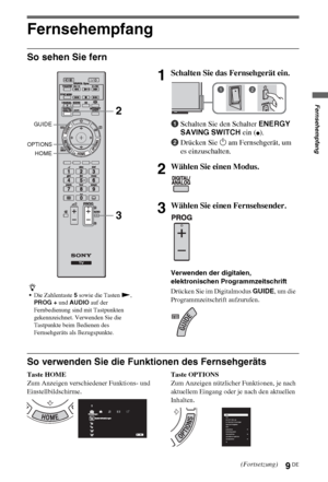 Page 99DE
Fernsehempfang
Fernsehempfang
So sehen Sie fern
So verwenden Sie die Funktionen des Fernsehgeräts
Taste HOME
Zum Anzeigen verschiedener Funktions- und 
Einstellbildschirme.Taste OPTIONS
Zum Anzeigen nützlicher Funktionen, je nach 
aktuellem Eingang oder je nach den aktuellen 
Inhalten.
z
Die Zahlentaste 5 sowie die Tasten N, 
PROG + und AUDIO auf der 
Fernbedienung sind mit Tastpunkten 
gekennzeichnet. Verwenden Sie die 
Tastpunkte beim Bedienen des 
Fernsehgeräts als Bezugspunkte.
1Schalten Sie das...