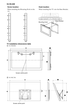 Page 3030GB
D:\Cmengs JOB\SONY TV\SY0332_V6 (Rev-3)\4268267141_GB\GB06OPT.fm
KDL-NX723/NX720/HX925/HX923/HX820
4-268-267-14(1)
SU-WL50B
TV installation dimensions table
1SU-WH500
2SU-WL700
abccba
Screw location
When installing the Mounting Hook on the 
TV.Hook location
When installing the TV onto the Base Bracket.
b a
c
Mounting HookBase Bracket
BA
C
DE
Screen centre point
Screen centre point
 