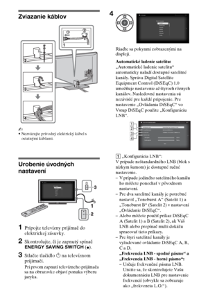 Page 666SK
Zviazanie káblov
~
•Nezväzujte prívodný elektrický kábel s 
ostatnými káblami.
Urobenie úvodných 
nastavení
1Pripojte televízny prijímač do 
elektrickej zásuvky.
2Skontrolujte, či je zapnutý spínač 
ENERGY SAVING SWITCH (
z).
3Stlačte tlačidlo 1 na televíznom 
prijímači.
Pri prvom zapnutí televízneho prijímača 
sa na obrazovke objaví ponuka výberu 
jazyka.Riaďte sa pokynmi zobrazenými na 
displeji.
Automatické ladenie satelitu: 
„Automatické ladenie satelitu“ 
automaticky naladí dostupné satelitné...