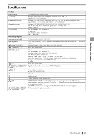 Page 1313GB
Additional Information
Specifications
System
Panel system
LCD (Liquid Crystal Display) Panel
TV systemAnalogue: Depending on your country/area selection: B/G/H, D/K, L, I
Digital: DVB-T2/DVB-T/DVB-C
Colour/video systemAnalogue: PAL, PAL60 (only video input), SECAM, NTSC3.58, NTSC4.43 (only video input)
Digital: MPEG-2 MP@ML/HL, H.264/MPEG-4 AVC MP/HP@L4
Channel coverageAnalogue: VHF: E2–E12/UHF: E21–E69/CATV: S1–S20/HYPER: S21–S41
D/K: R1–R12, R21–R69/L: F2–F10, B–Q, F21–F69/I: UHF B21–B69
Digital:...