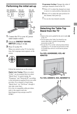 Page 99GB
Setting Up
Performing the initial set-up
1Connect the TV to your AC power 
outlet (mains socket).
2Check the ENERGY SAVING 
SWITCH setting is on (
z).
3Press 1 on the TV.
When you switch on the TV for the first 
time, the Language menu appears on the 
screen.
Follow the instructions on the screen.
Digital Auto Tuning: When you select 
“Cable”, we recommend that you select 
“Quick Scan” for quick tuning. Set 
“Frequency” and “Network ID” according 
to the information supplied from your cable...