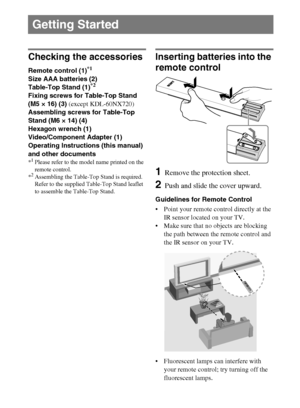 Page 88
D:\Cmengs JOB\SONY TV\SY0263_W4\Group W4\4270401111\0401111\US03STU.fm
KDL-60/55/46NX720/55/46HX820/XBR-55/46HX929
4-270-401-11(1)
Checking the accessories
Remote control (1)*1
Size AAA batteries (2)
Table-Top Stand (1)*2
Fixing screws for Table-Top Stand 
(M5 × 16) (3) (except KDL-60NX720)
Assembling screws for Table-Top 
Stand (M6 × 14) (4)
Hexagon wrench (1)
Video/Component Adapter (1)
Operating Instructions (this manual) 
and other documents
*1Please refer to the model name printed on the 
remote...