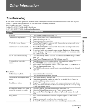 Page 4141
Other Information
Other Information
Troubleshooting
If you have additional questions, service needs, or required technical assistance related to the use of your 
Sony TV, please visit our website or call one of the following numbers:
http://www.sony.com/TVsupport 
1-800-222-SONY(7669) for US Residents
1-877-899-SONY(7669) for Canadian Residents
ProblemPossible Remedies
No picture.
No picture.
❑Check Power Saving settings (page 33).
Cannot receive any channels.
❑Make sure the power cord is connected...