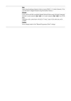 Page 30
30 GB
KDL-46/40/32S25102-670-908- 43(1)
Skip
Skips unused analogue channels when you  press PROG +/- to select channels. (You 
can still select a skipped channel using the number buttons.)
Decoder
Views and records the scrambled channel se lected when using a decoder connected 
directly to scart connector  / 1, or  to scart connector  / 2 via a VCR.
Note
Depending on the country/region selected for  “Country” (page 6), this option may not be 
available. 
Confirm
Saves changes made to the “Man ual...