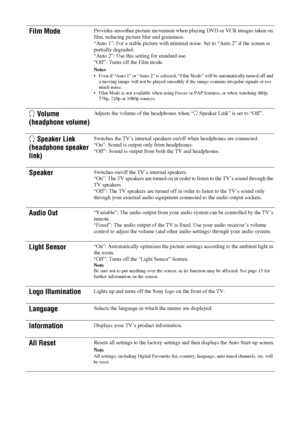 Page 3232 GB
Film ModeProvides smoother picture movement when playing DVD or VCR images taken on 
film, reducing picture blur and graininess.
“Auto 1”: For a stable picture with minimal noise. Set to “Auto 2” if the screen is 
partially degraded.
“Auto 2”: Use this setting for standard use.
“Off”: Turns off the Film mode.
Notes
 Even if “Auto 1” or “Auto 2” is selected, “Film Mode” will be automatically turned off and 
a moving image will not be played smoothly if the image contains irregular signals or too...