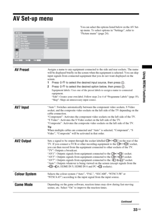 Page 3333 GB
Using MENU Functions
AV Set-up menu
You can select the options listed below on the AV Set-
up menu. To select options in “Settings”, refer to 
“Picture menu” (page 24).
AV PresetAssigns a name to any equipment connected to the side and rear sockets. The name 
will be displayed briefly on the screen when the equipment is selected. You can skip 
input signals from connected equipment that you do not want displayed on the 
screen.
1Press 
F/f to select the desired input source, then press  .
2Press...