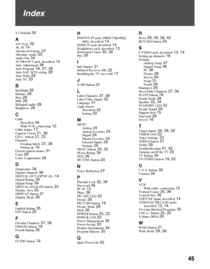 Page 4545
Index
4:3 Default 29
AA/V Sync 39AC IN 14Advanced Settings 27Alternate Audio 20Audio Out 34AUDIO OUT jack, described 14Auto Adjustment 36Auto Program 18, 37, 38Auto SAP, MTS setting 28Auto Wide 29Auto YC 33
BBacklight 26Balance 28Bass 28BBE 28Bilingual audio 28Brightness 26
CCable
Described 34With VCR, connecting 12Cable holder 17Caption Vision 31, 39CH+/– button 21, 22Channels
Creating labels 37, 38Setting up 18Closed caption modes 31Color 26Color Temperature 26
DDiagnostics 39Digital Channels...