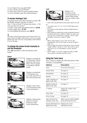 Page 1414 GB
To exit Digital Text, press RETURN.
To move around, press 
F/f/G/g.
To select items, press   and the number buttons.
To access shortcuts, press the coloured buttons.
To access Analogue Text
In analogue mode, press /. Each time you press /, 
the display changes cyclically as follows:
Text t Text over the TV picture (mix mode) t No 
Text (exit the Text service)
To select a page, press the number buttons or  / .
To hold a page, press  / .
To reveal hidden information, press  / .
zWhen four coloured...