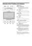 Page 1212 GB
Overview of the TV buttons and indicators
1 (page 22)
2/  – Input select / OK
 In TV mode (page 20): Selects the input source 
from equipment connected to the TV sockets.
 In TV menu: Selects the menu or option, and 
confirms the setting.
32 +/-/ /
 In TV mode: Increases (+) or decreases (-) the 
volume.
 In TV menu: Moves through the options right ( ) 
or left ( ).
4PROG +/-/ /
 In TV mode: Selects the next (+) or previous (-) 
channel.
 In TV menu: Moves through the options up ( ) or 
down ( )....