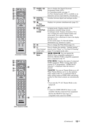 Page 13
13 GB
qjGUIDE / 
— EPG Press to display the Digital Electronic 
Programme Guide (EPG).
For Australian model, see page 17. 
For New Zealand model, EPG is available as an 
interactive service if provided by a broadcaster.
qk DIGITAL/
ANALOG Switches between digital and analogue modes.
ql  
— Twin 
Picture/PIP Displays two pictures simultaneously (page 22).
w; / 
— Info/Text 
reveal In digital mode: Displays details of the 
programme currently being viewed.
In analogue mode: 
Displays information. Press...